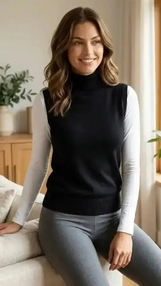 Black turtleneck sweater vest en laine mérinos porté sur chemise blanche dans le pack capsule 3 pièces lensemble signature