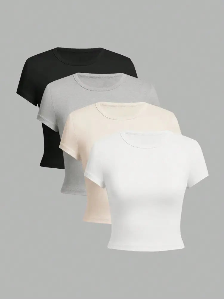 Lot de 4 t-shirts seconde peau cropped manches courtes en noir gris beige et blanc pour un confort optimal