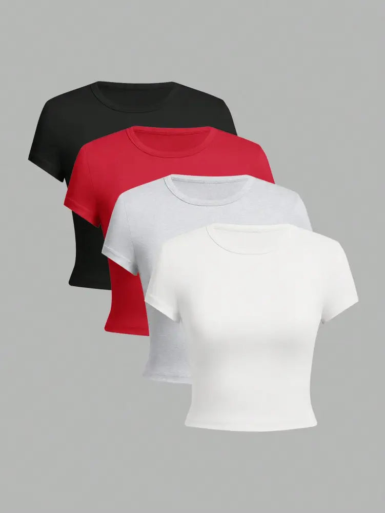 Lot de 4 t-shirts seconde peau cropped manches courtes en noir, rouge et blanc, style décontracté et confortable