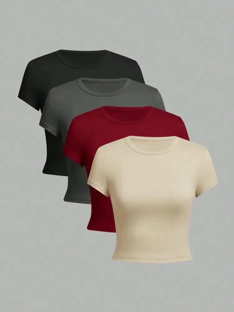 Lot de 4 t-shirts seconde peau cropped manches courtes en noir gris rouge et crème pour un confort léger