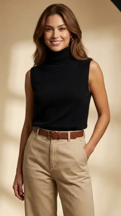 Haut à col roulé sans manches noir en tissu tricoté doux.