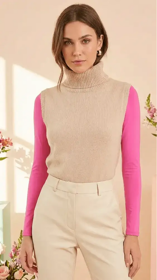 Pull-over à col roulé côtelé beige avec manches longues rose vif.