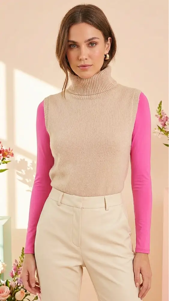 Pull-over col roulé beige aux manches longues rose vif.