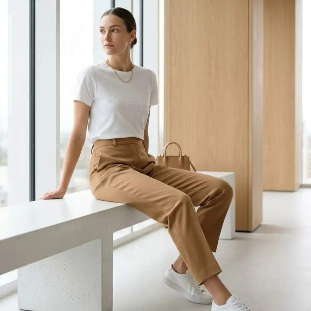 Pantalon tailleur victoire avec sac à main en cuir tan minimaliste à poignée supérieure en matière tissée premium