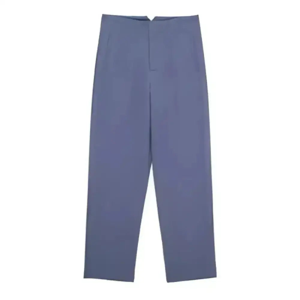 Pantalon tailleur victoire bleu muted coupe ajustée taille haute avec plis avant subtils et lignes nettes