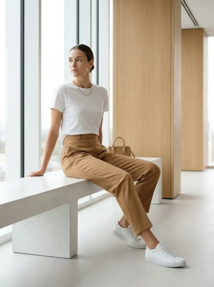 Une femme portant un t-shirt blanc, un pantalon beige et des baskets blanches est assise sur un banc moderne.