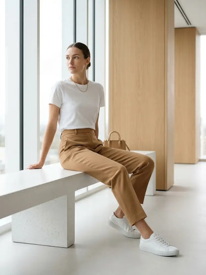 Une femme portant un t-shirt blanc, un pantalon beige et des baskets blanches est assise sur un banc moderne.