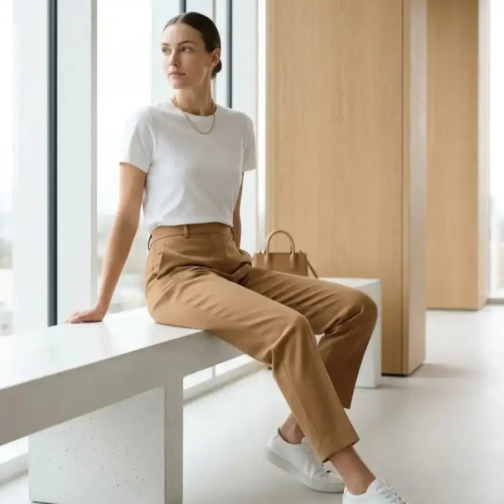Pantalon tailleur victoire avec matière tissée premium associé à un sac à main en cuir beige minimaliste à poignée supérieure