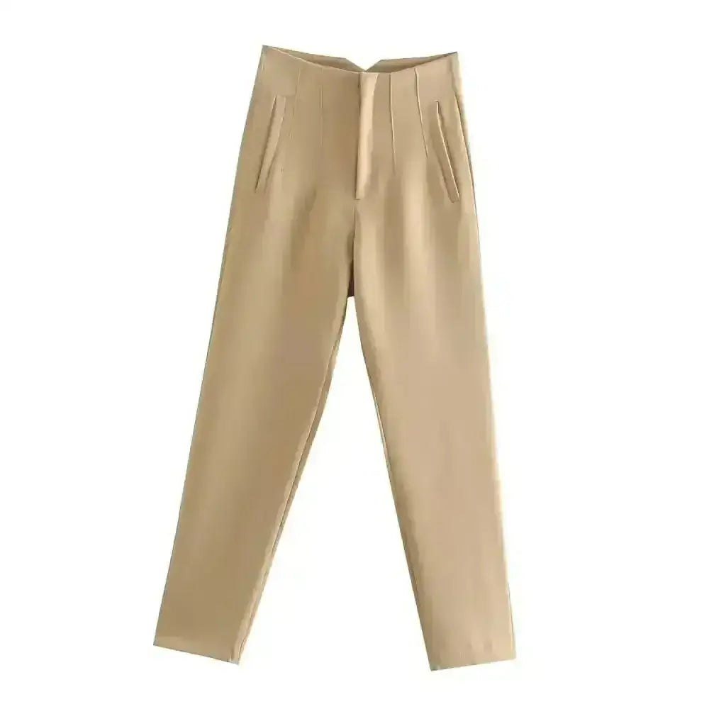 Pantalon tailleur victoire beige taille haute avec coupe pencil et plis subtils en matière tissée premium