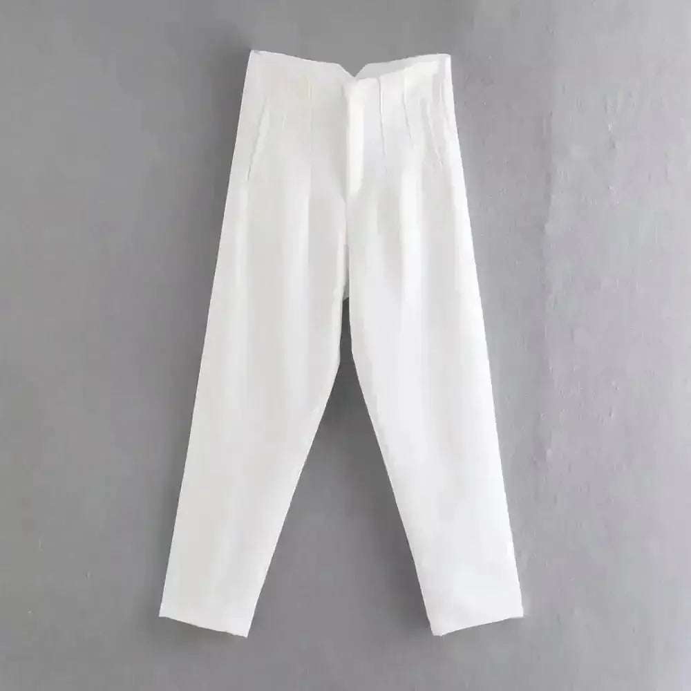 Pantalon tailleur victoire blanc taille haute avec plis subtils en matière tissée premium coupe pencil femme