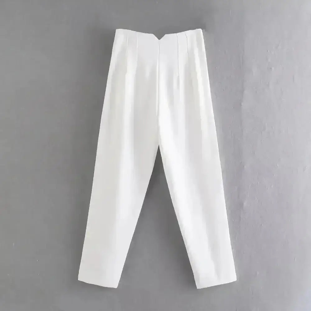 Pantalon tailleur victoire blanc taille haute en matière tissée premium avec plis subtils et coupe pencil femme