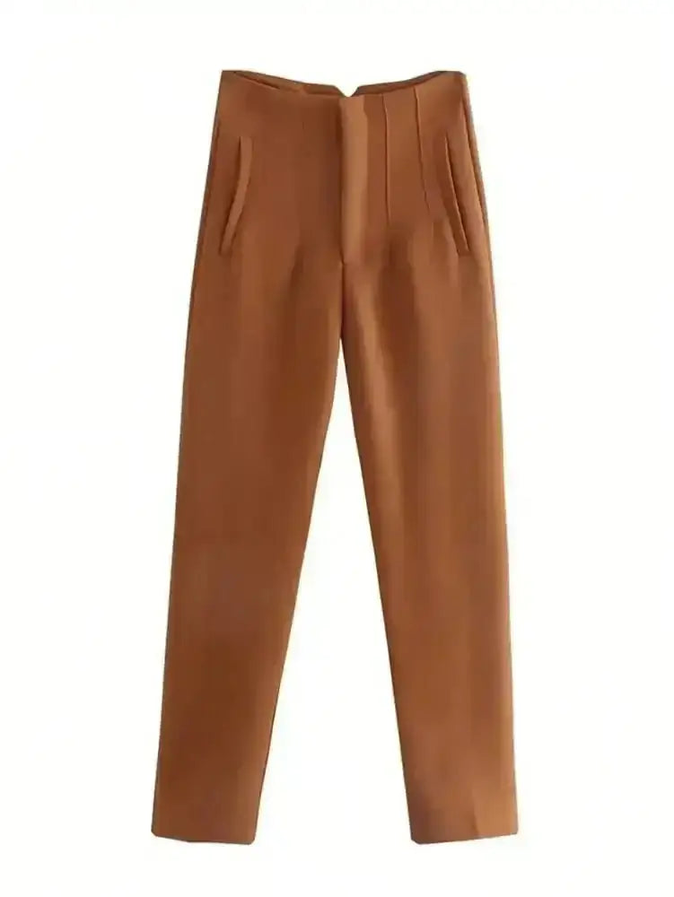 Pantalon tailleur victoire marron coupe pencil taille haute pour femme en matière tissée premium avec plis subtils devant