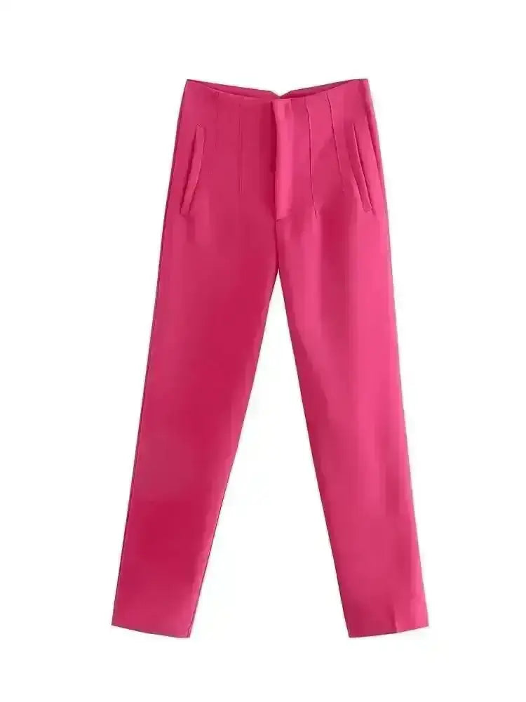 Pantalon tailleur victoire fuchsia taille haute coupe pencil avec plis subtils en matière tissée premium