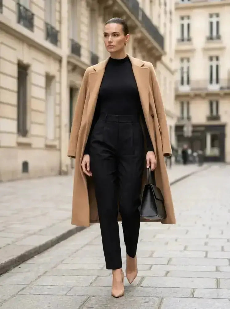 Un sac à main en cuir noir élégant avec une poignée supérieure complétant le pantalon tailleur victoire matière tissée premium