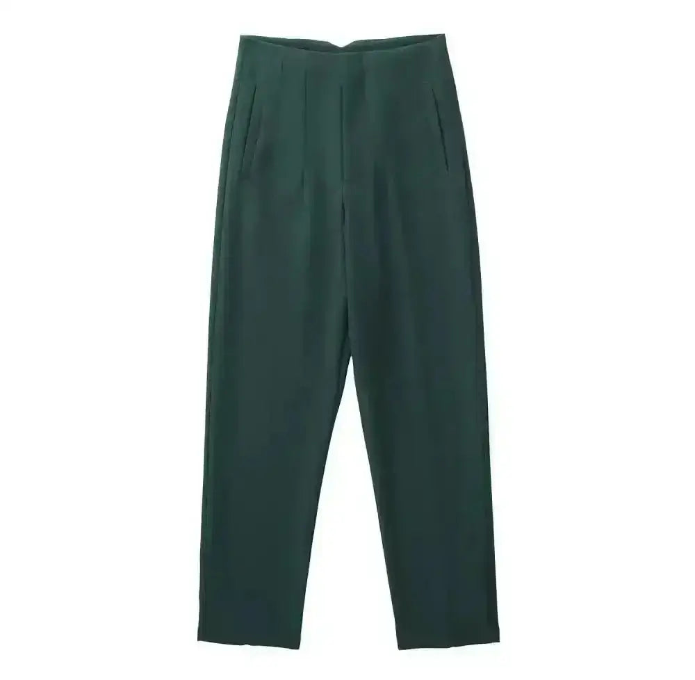 Pantalon tailleur victoire en matière tissée premium vert foncé taille haute avec plis subtils devant coupe pencil
