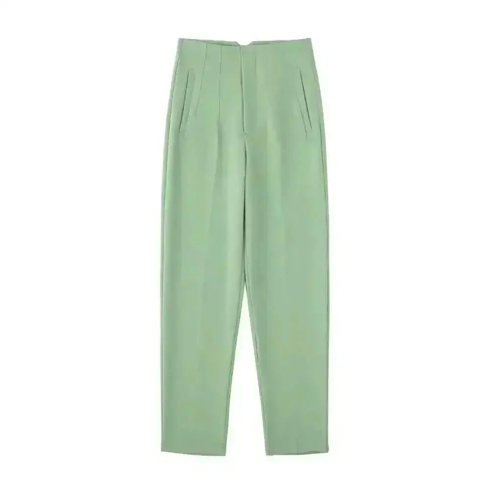 Pantalon tailleur victoire taille haute vert menthe en matière tissée premium avec coupe pencil et plis discrets devant