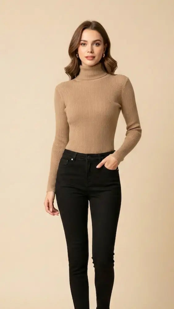 Un pull à col roulé côtelé de couleur chameau à manches longues.