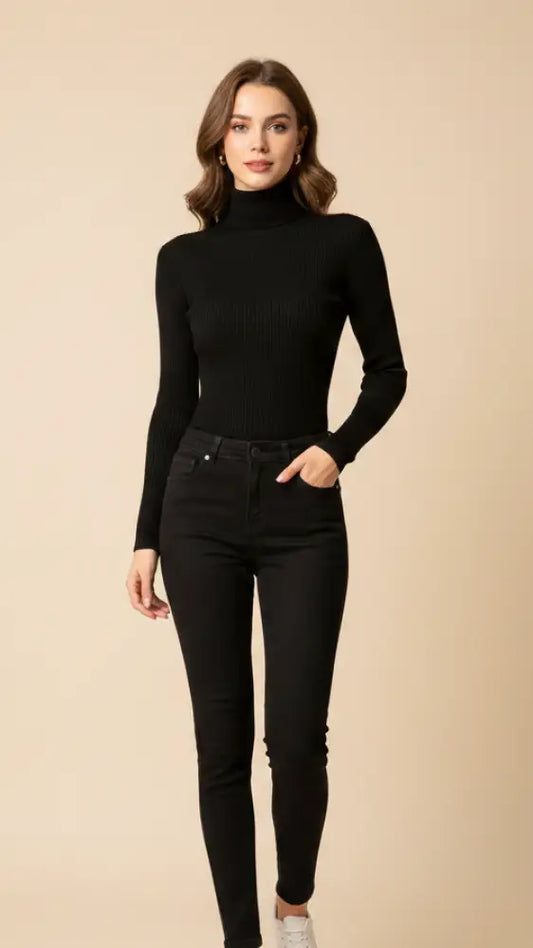 Haut noir à col montant et manches longues