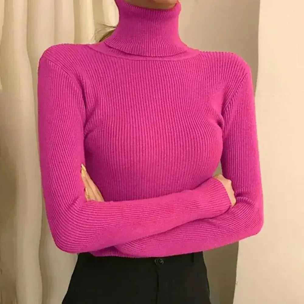 pull col roule femme en maille pull hiver chaud coupe ajustee rose luxibre