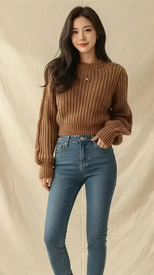 Pull oversize alma marron en maille côtelée avec manches longues femme et coupe courte tendance