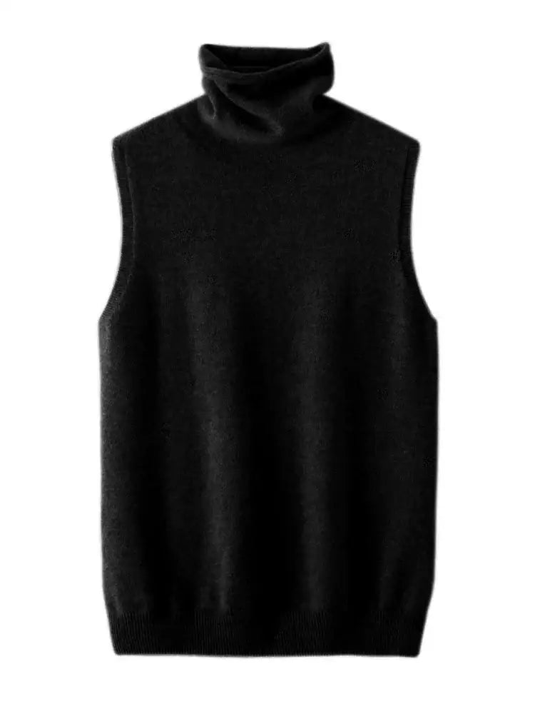 Gilet pull à col roulé noir en tissu tricoté doux.