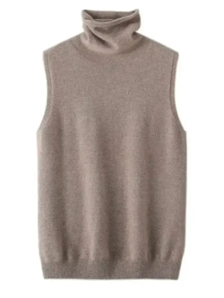 Beige pull sans manches col roulé femme en maille avec poignets et ourlet côtelés