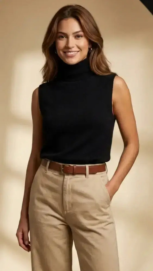 Haut à col roulé sans manches noir avec une texture tricotée lisse et ajustée.