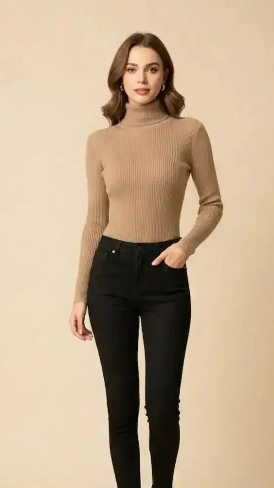 Beige pull col roulé femme à maille douce avec manches longues sous-pull signature col roulé femme