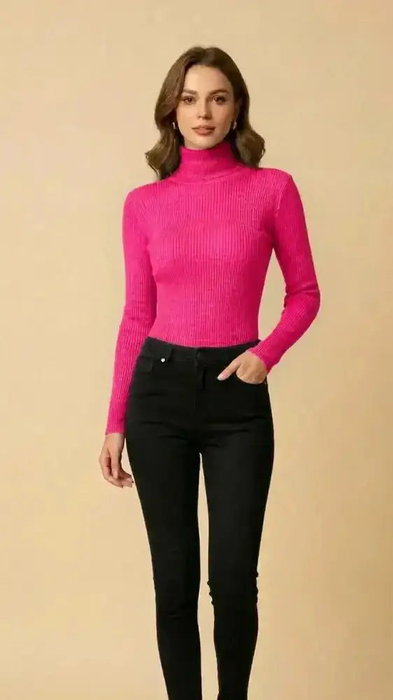 Sous-pull signature col roulé femme fuchsia en maille douce côtelée à manches longues
