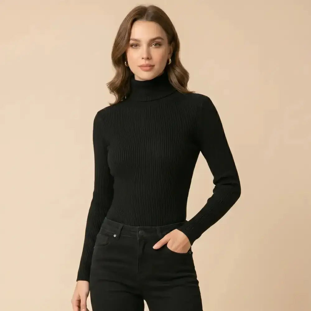 Pull col roulé femme noir en maille douce avec col roulé femme côtelé sous-pull signature