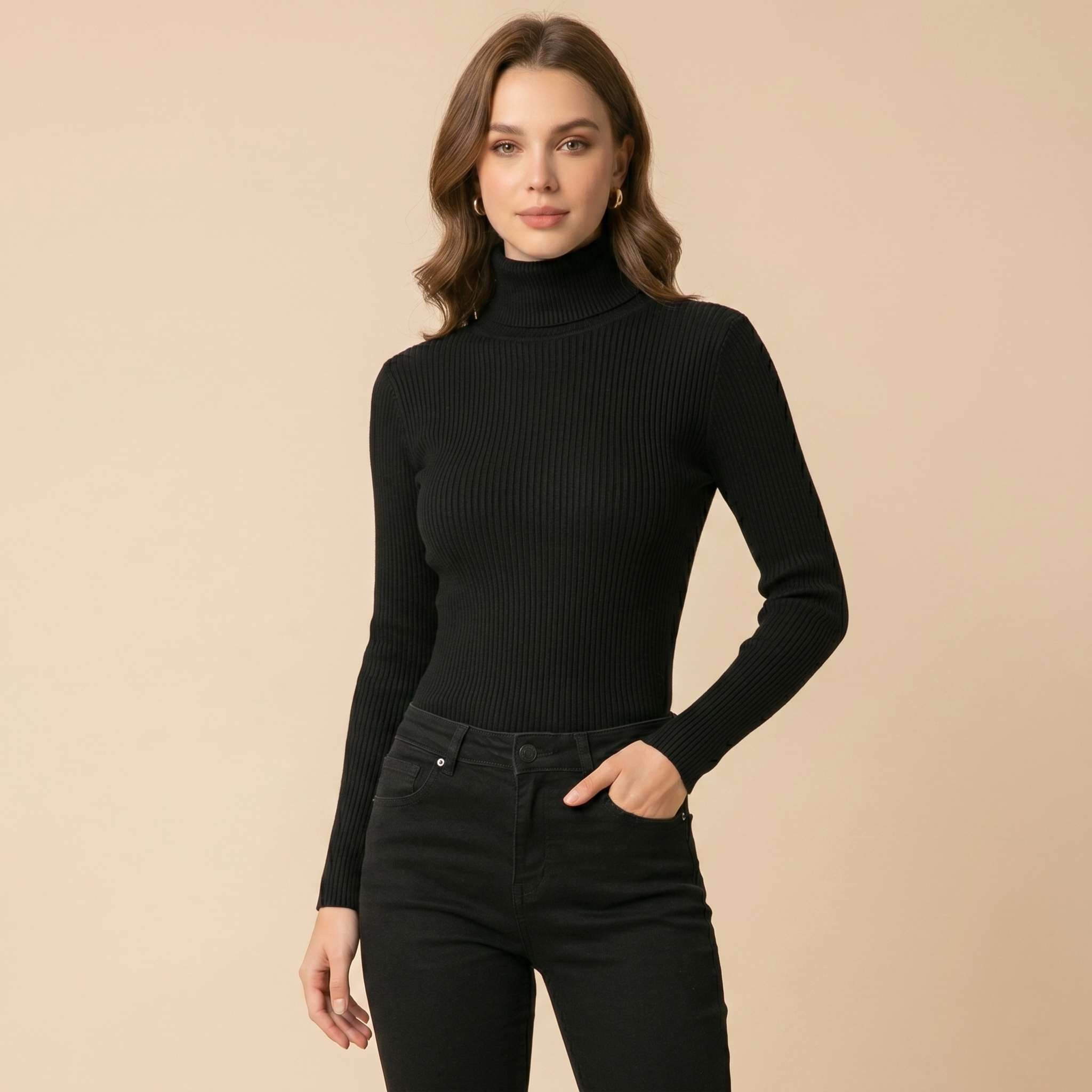 Pull col roulé femme noir en maille douce avec col roulé femme côtelé sous-pull signature